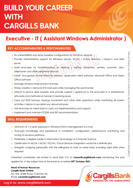 Executive - IT (Assistant Windows Administrator) Cargills Bank