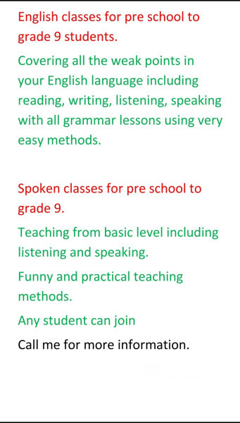 English spoken and syllabus classes for pre school to grade 9